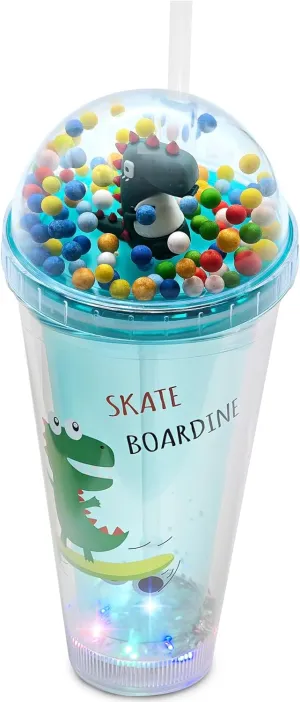 Glow Party Cups for Kids Light Up Tumbler Magic Cup with LED Glow in the Dark Water Drinking Bottle 16oz with Lids and Straws Cute Design (Green Dinosaur)