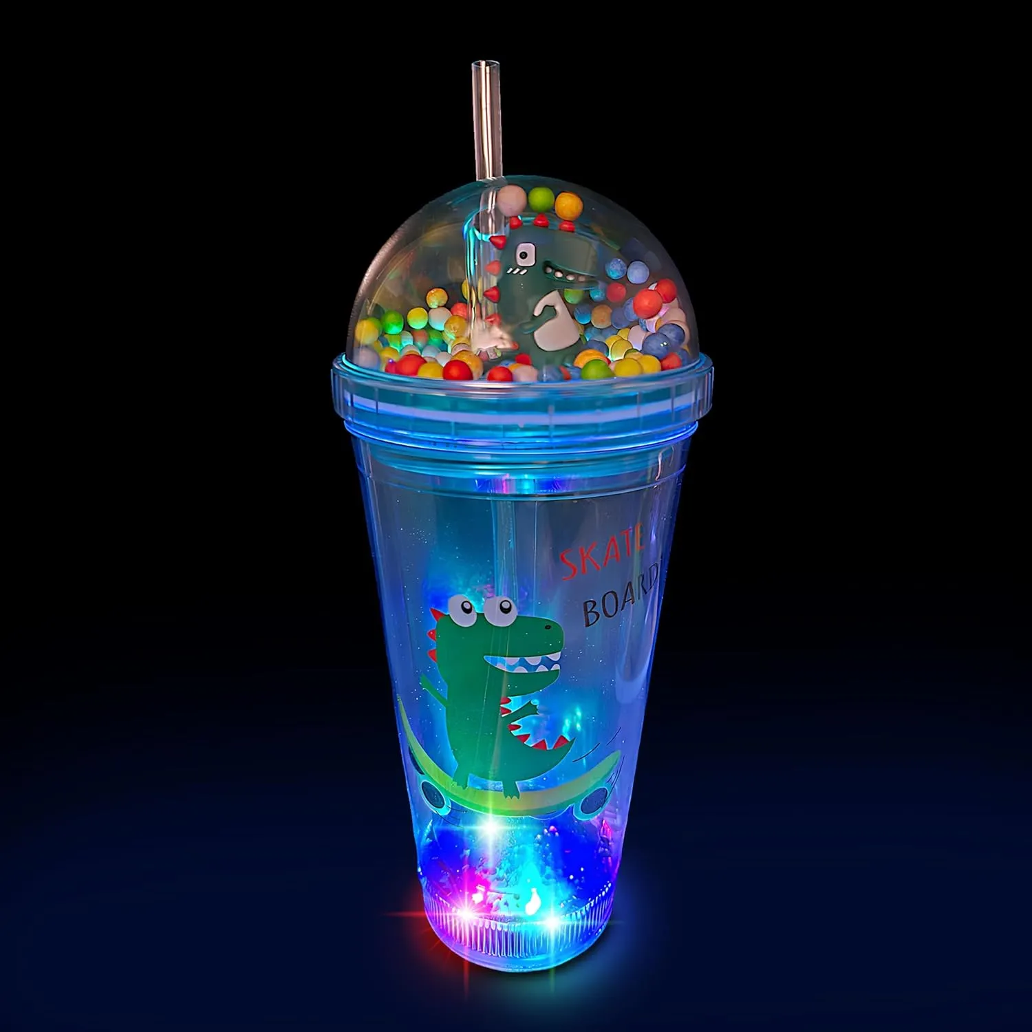 Glow Party Cups for Kids Light Up Tumbler Magic Cup with LED Glow in the Dark Water Drinking Bottle 16oz with Lids and Straws Cute Design (Green Dinosaur)