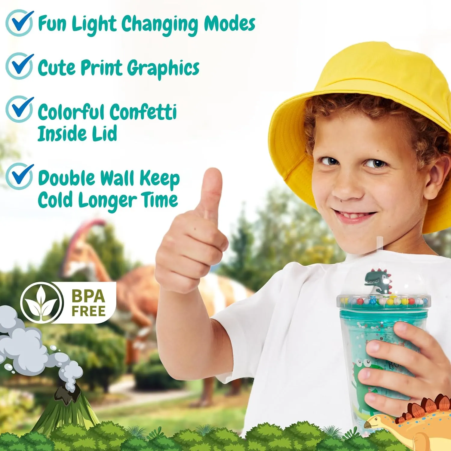 Glow Party Cups for Kids Light Up Tumbler Magic Cup with LED Glow in the Dark Water Drinking Bottle 16oz with Lids and Straws Cute Design (Green Dinosaur)