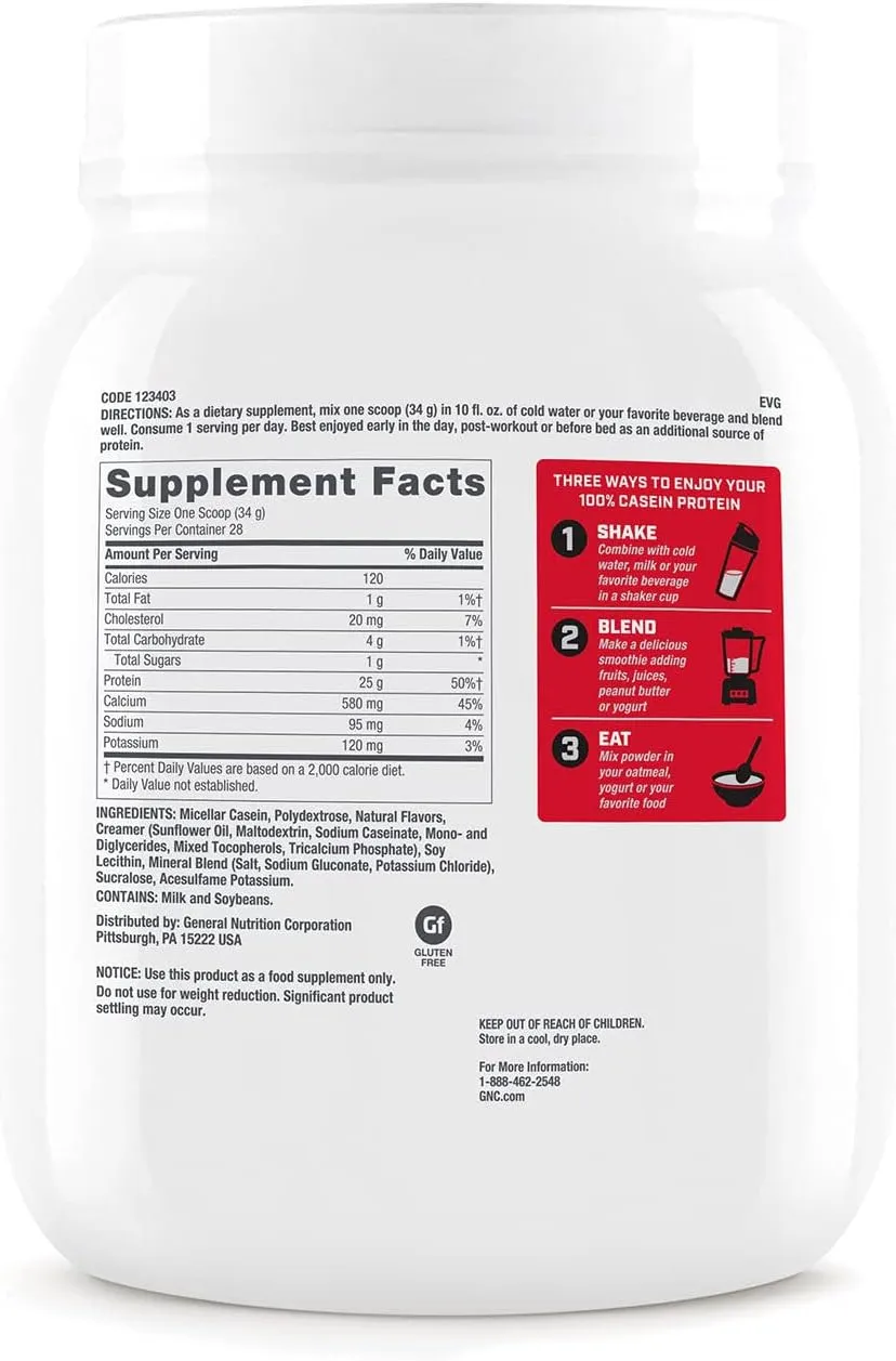 GNC Pro Performance 100% Casein Protein Powder, 25g Protein, Supports Sustained Muscle Strength, Recovery, Slow Digesting, Gluten Free, 3rd Party Tested, Vanilla Cream, 28 Servings