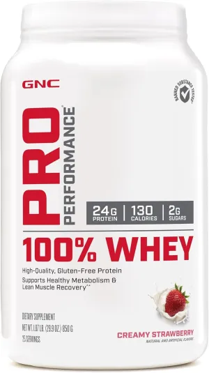 GNC Pro Performance 100% Whey Protein Supplement, 25g Protein, Supports Muscle Strength and Recovery, Creamy Strawberry, 25 Servings