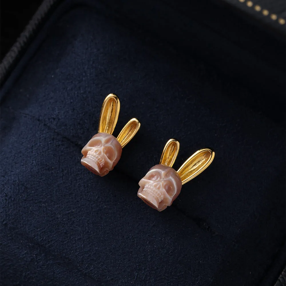 Gold Bunny Ear Pearl Skull Stud Earrings