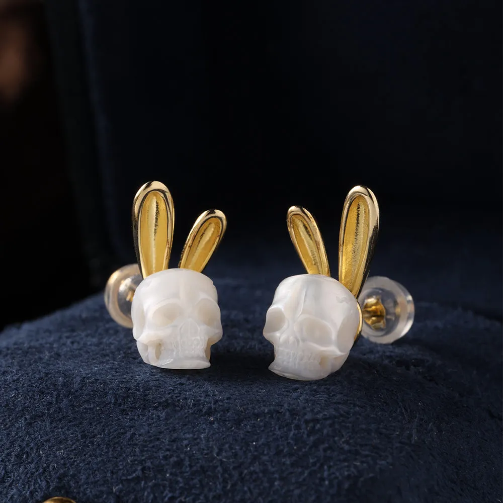 Gold Bunny Ear Pearl Skull Stud Earrings
