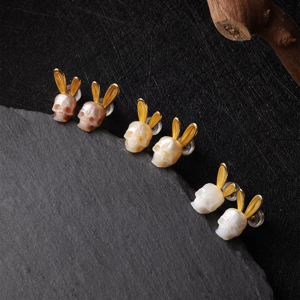 Gold Bunny Ear Pearl Skull Stud Earrings