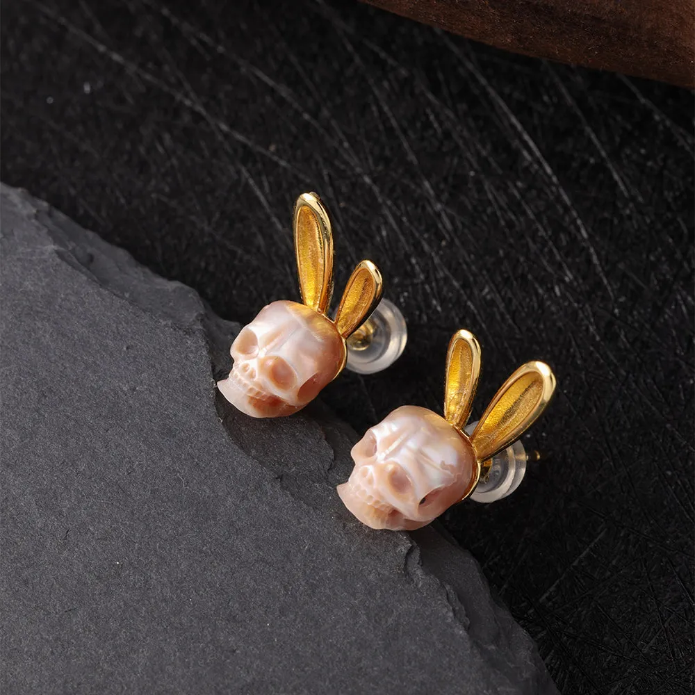 Gold Bunny Ear Pearl Skull Stud Earrings