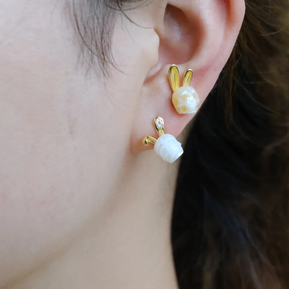 Gold Bunny Ear Pearl Skull Stud Earrings