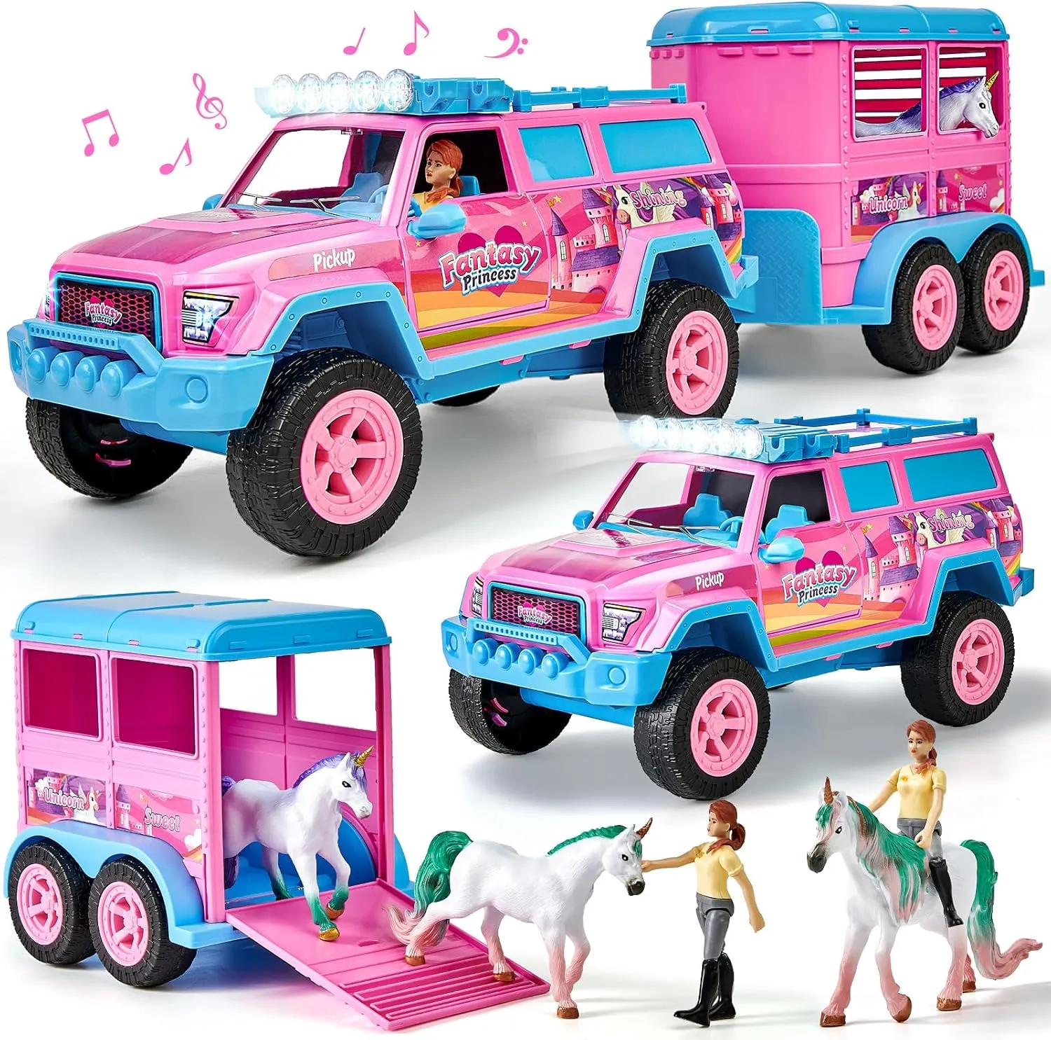 Golray Horse Trailer Toys for Girls 3-5 with 1:16 Scale Light and Sound Truck & Animals Figure & Horse Stable Car, Carrier Truck Birthday Gifts Unicorn Toys for Toddlers Girls Age 2 3 4 5 6 Years Old