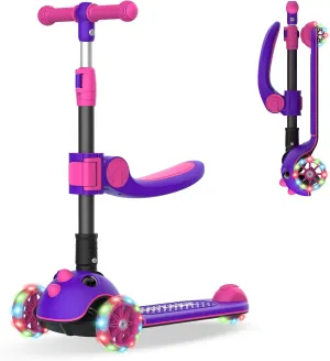 Gotrax KS3 Pro Folding Kick Scooter for Kids, One Key Removable Seat & 3 Extra Wide PU Light-Up Wheels and Anti-Slip Deck, Adjustable Height Handlebar and Lean-to-Steer Scooter for Children Aged 2-8