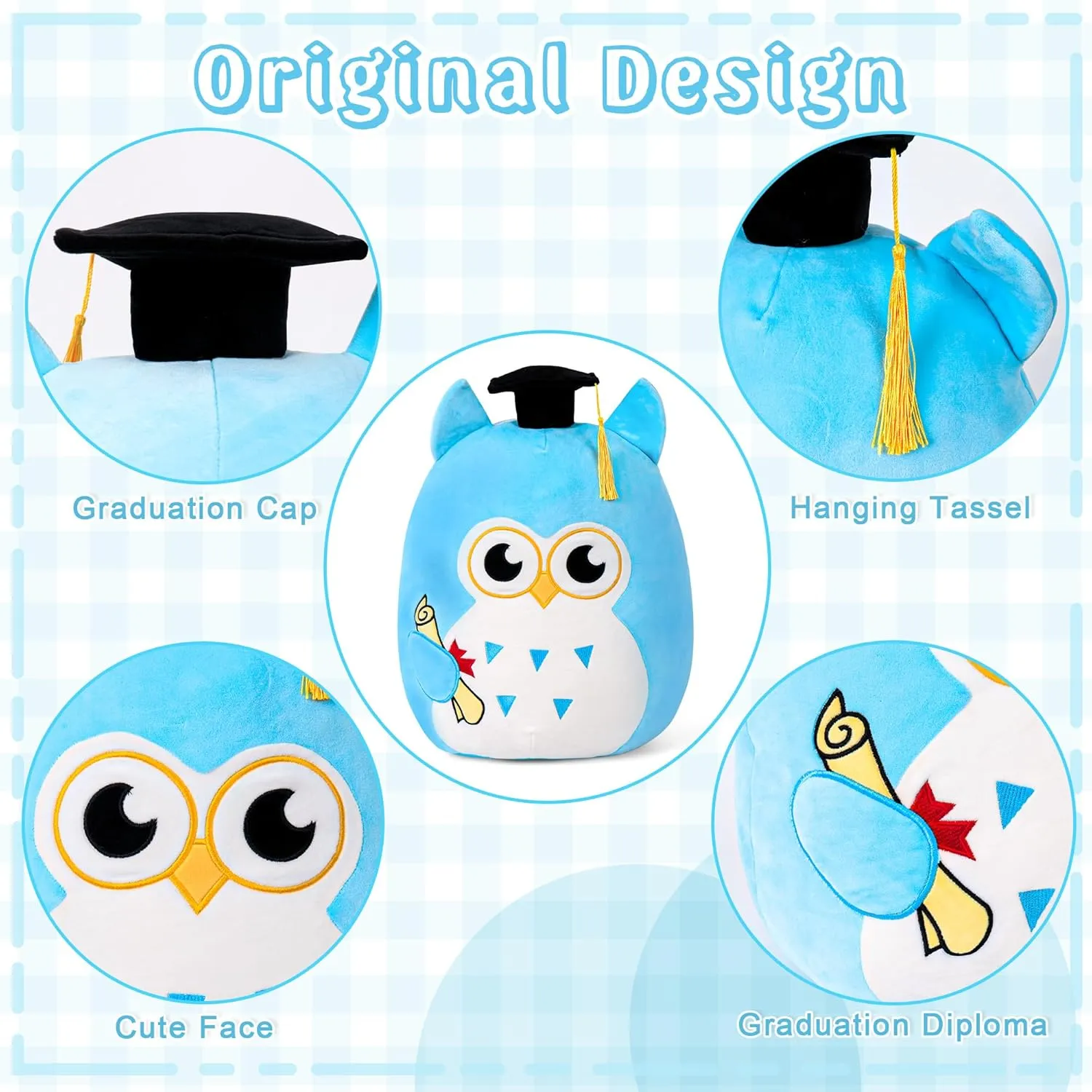 Graduation Plush, Soft Owl Stuffed Animals with Blue Body and Ears, Black Graduation Cap, Fringe and Diploma, Cute Pillow Toys Graduation Gift Plush Stuffed Animal Party Decoration(Blue)