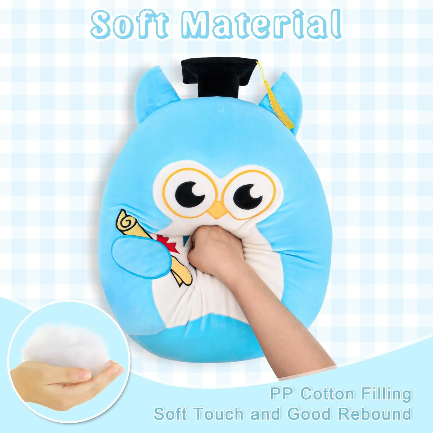Graduation Plush, Soft Owl Stuffed Animals with Blue Body and Ears, Black Graduation Cap, Fringe and Diploma, Cute Pillow Toys Graduation Gift Plush Stuffed Animal Party Decoration(Blue)