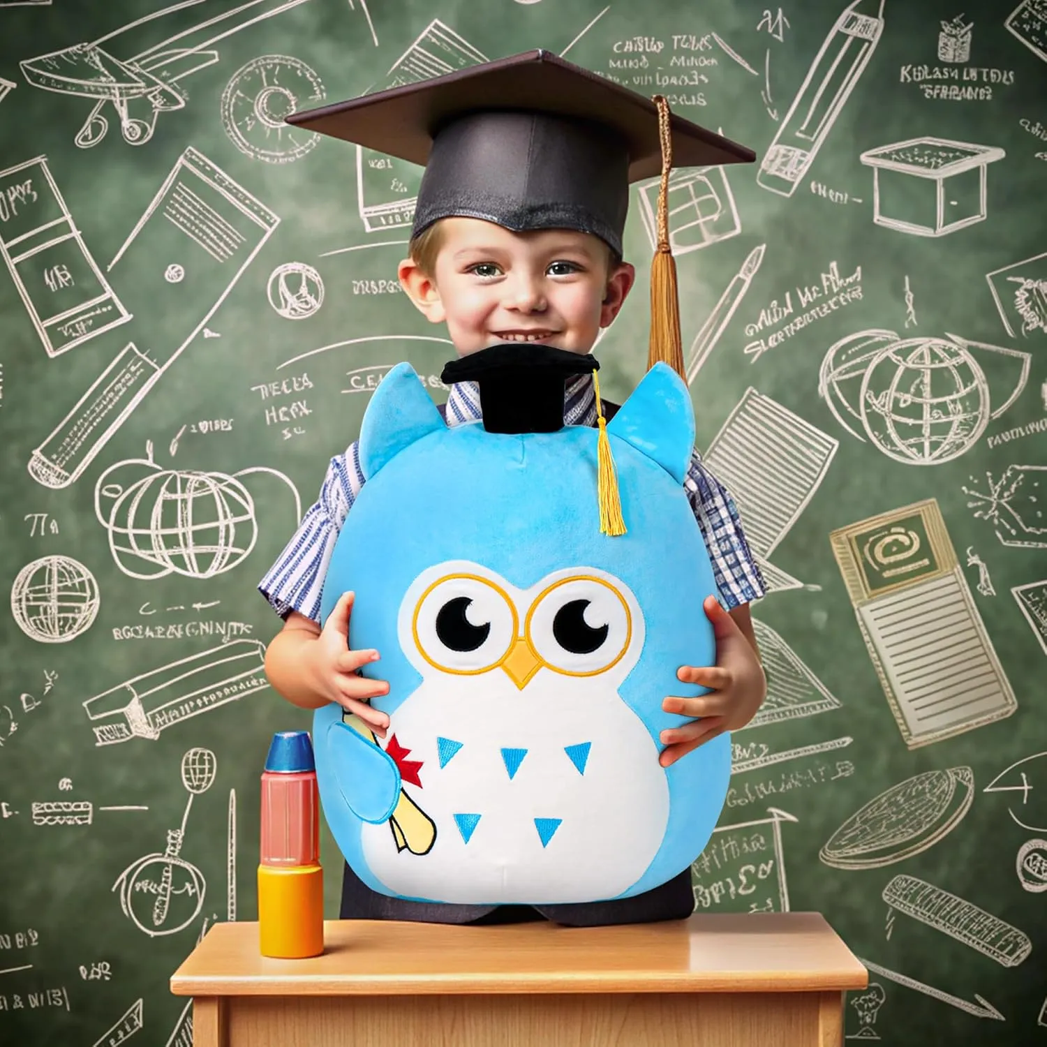 Graduation Plush, Soft Owl Stuffed Animals with Blue Body and Ears, Black Graduation Cap, Fringe and Diploma, Cute Pillow Toys Graduation Gift Plush Stuffed Animal Party Decoration(Blue)