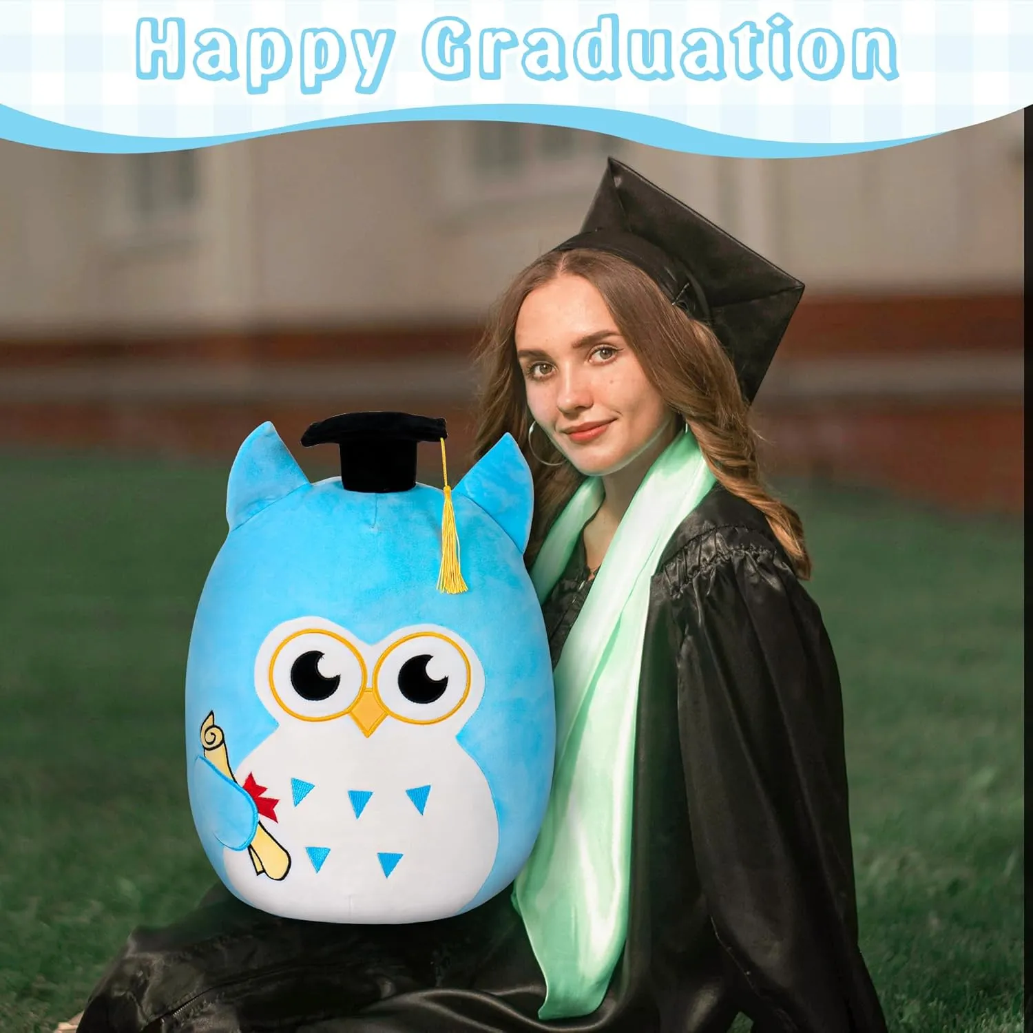 Graduation Plush, Soft Owl Stuffed Animals with Blue Body and Ears, Black Graduation Cap, Fringe and Diploma, Cute Pillow Toys Graduation Gift Plush Stuffed Animal Party Decoration(Blue)
