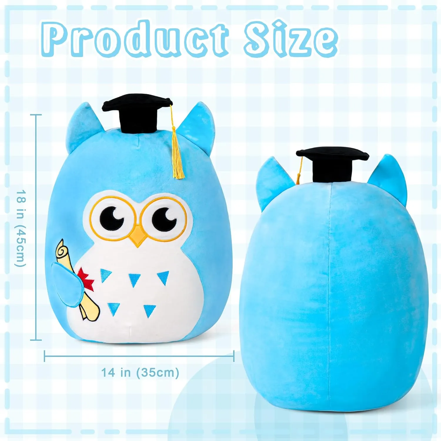 Graduation Plush, Soft Owl Stuffed Animals with Blue Body and Ears, Black Graduation Cap, Fringe and Diploma, Cute Pillow Toys Graduation Gift Plush Stuffed Animal Party Decoration(Blue)
