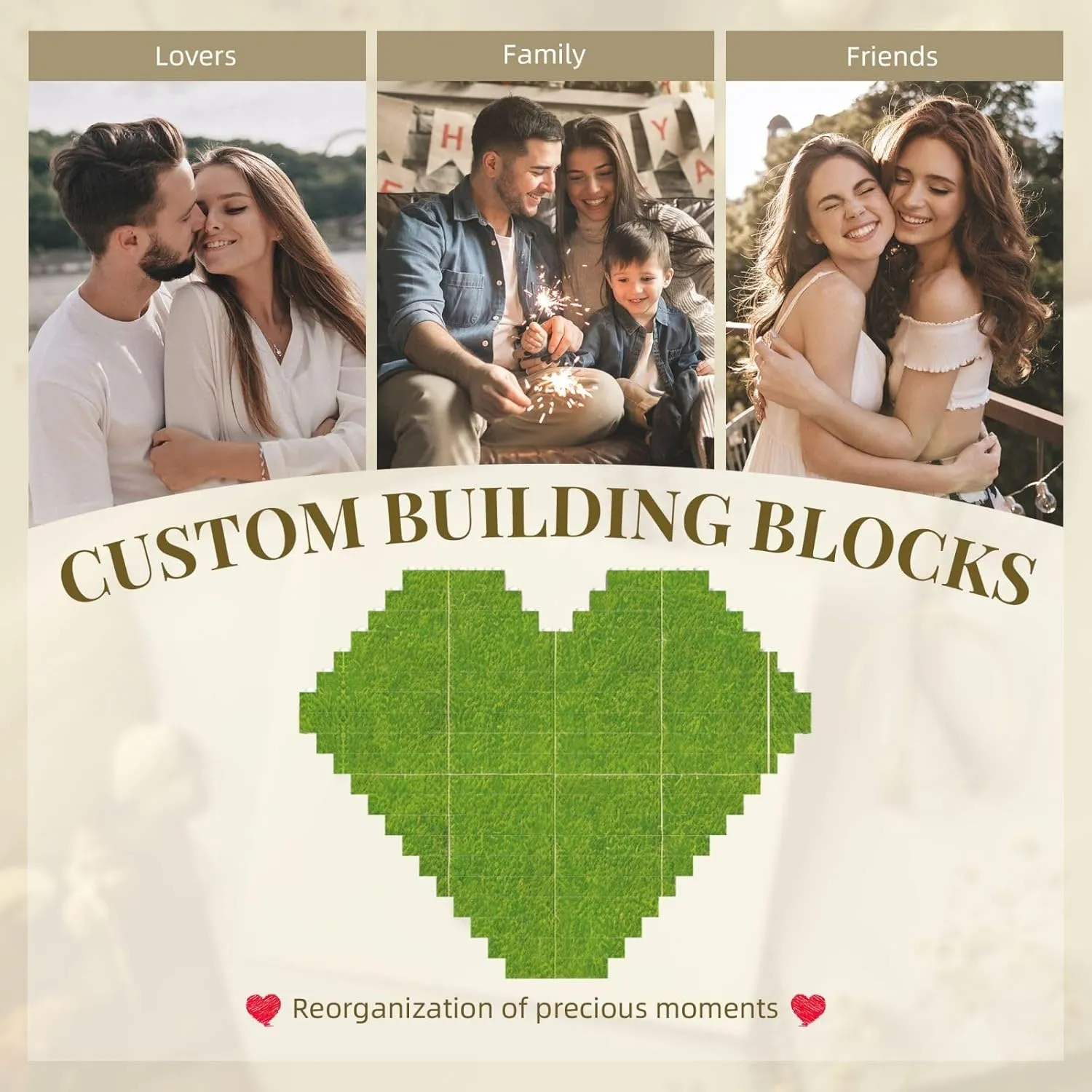 Green Grassland Print Building Brick Block Puzzle - Heart Shaped Picture Puzzles, Wooden Picture Jigsaw Puzzles Set