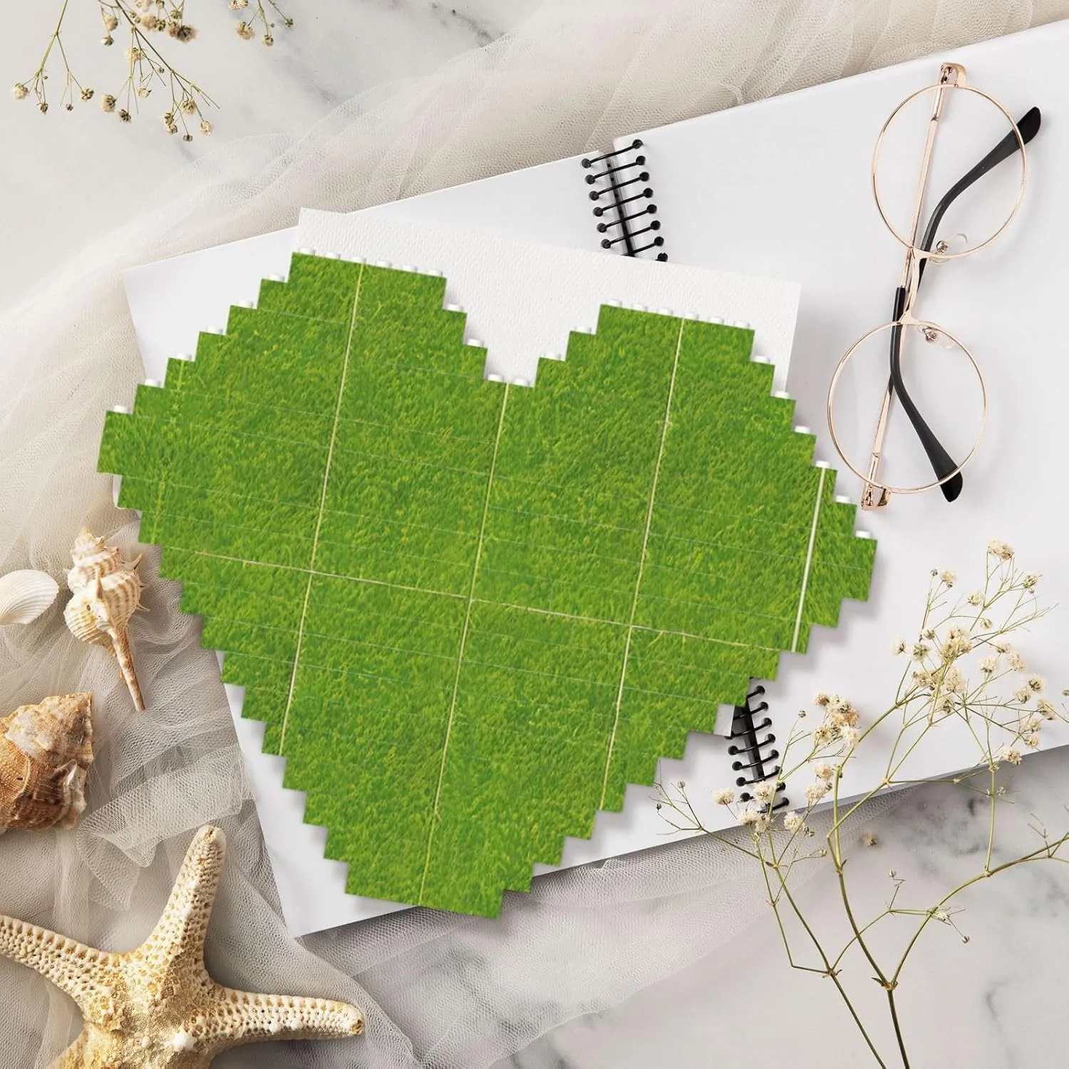 Green Grassland Print Building Brick Block Puzzle - Heart Shaped Picture Puzzles, Wooden Picture Jigsaw Puzzles Set