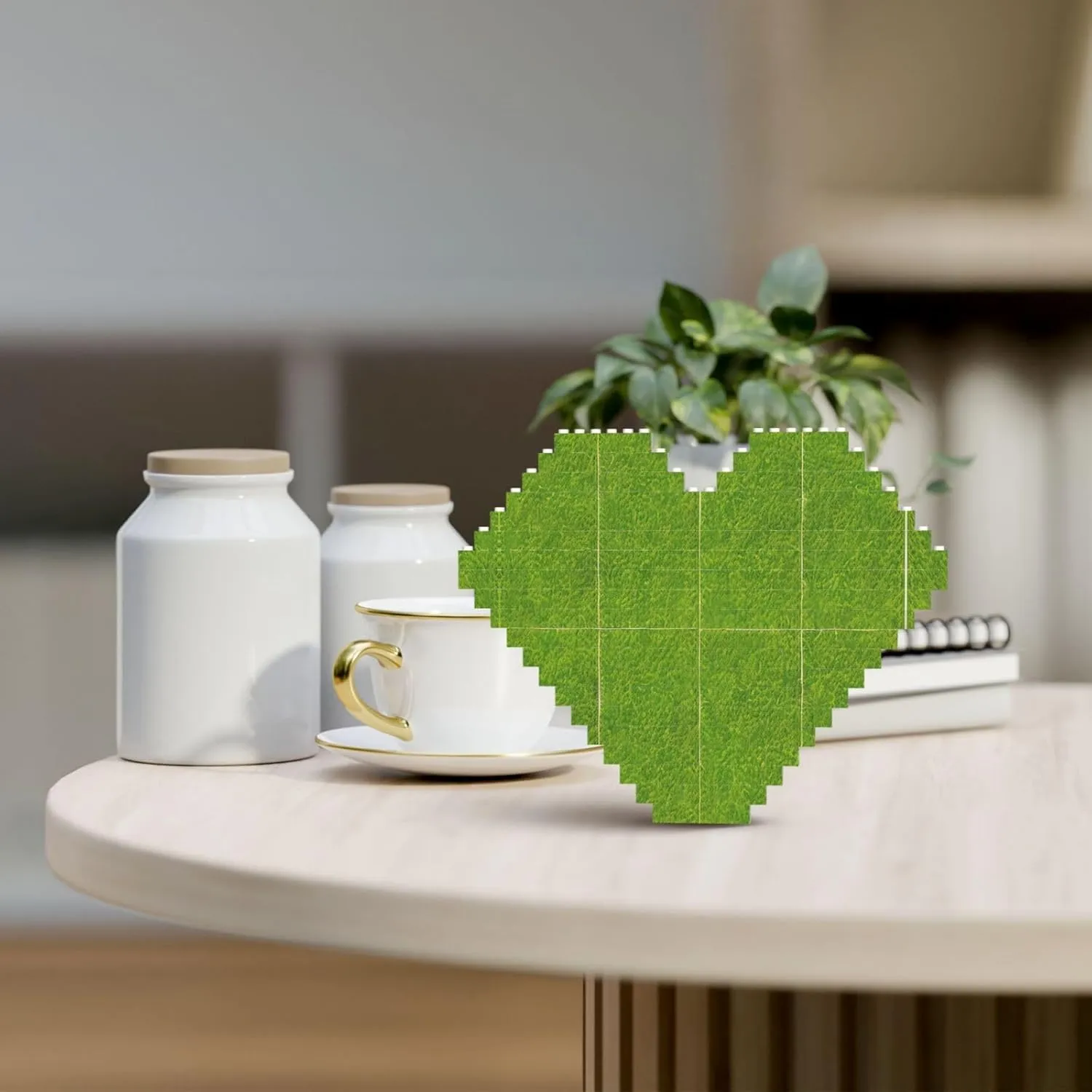 Green Grassland Print Building Brick Block Puzzle - Heart Shaped Picture Puzzles, Wooden Picture Jigsaw Puzzles Set