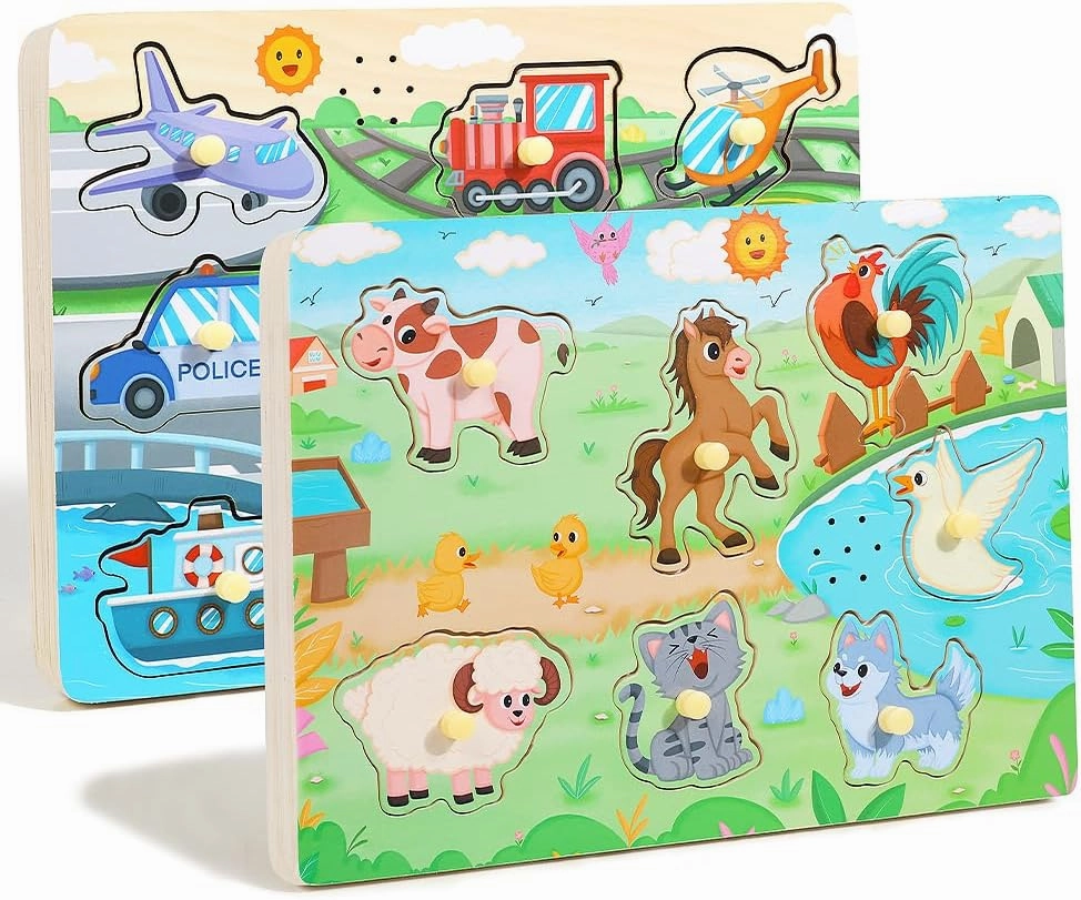 GRINNNIE Farm Animals and Vehicles Sound Puzzle (15 PCS) - Wooden Toddler Peg Puzzle Toys with Sound Effects for 3 4 5 Years Old, Birthday for Girls Boys