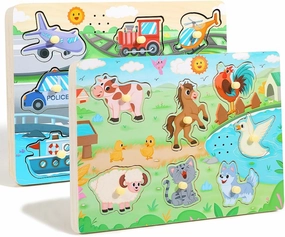 GRINNNIE Farm Animals and Vehicles Sound Puzzle (15 PCS) - Wooden Toddler Peg Puzzle Toys with Sound Effects for 3 4 5 Years Old, Birthday for Girls Boys