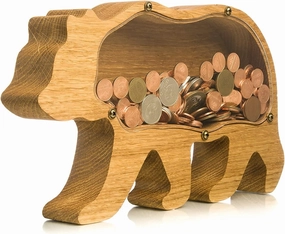 Grizzly Bear Piggy Bank for Boys and Girls - Expertly Handcrafted Wooden Money Saving Box - Durable Oak Wood with Transparent Plexiglass for Building Money Saving Habits (Standard)