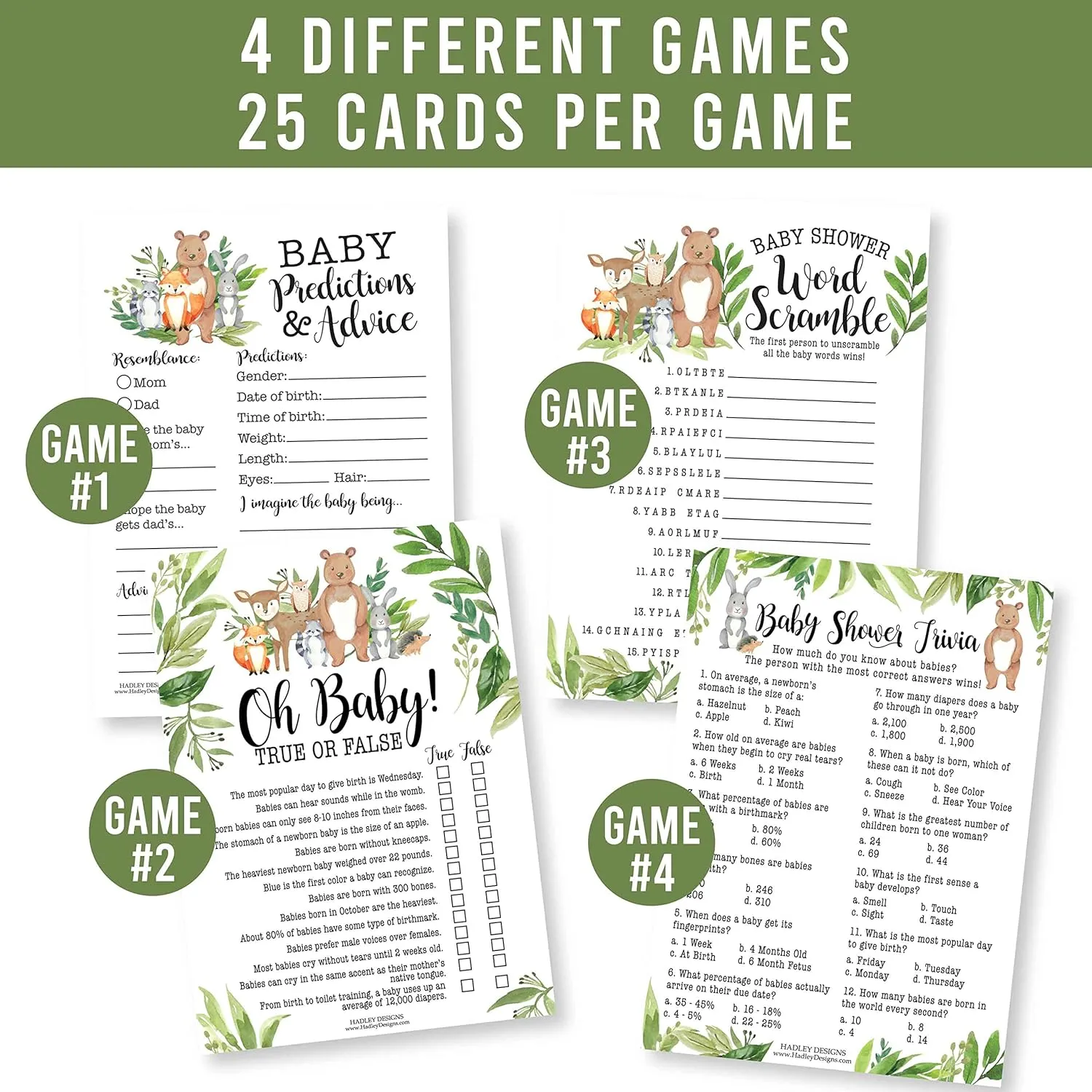 Hadley Designs Hilarious Baby Shower Games Set – 50 Double-Sided Cards for 25 Guests, 4 Games, Predictions, Trivia, True or False, Word Scramble, Gender Neutral and Fun for Boys & Girls (Woodland)