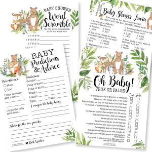 Hadley Designs Hilarious Baby Shower Games Set – 50 Double-Sided Cards for 25 Guests, 4 Games, Predictions, Trivia, True or False, Word Scramble, Gender Neutral and Fun for Boys & Girls (Woodland)
