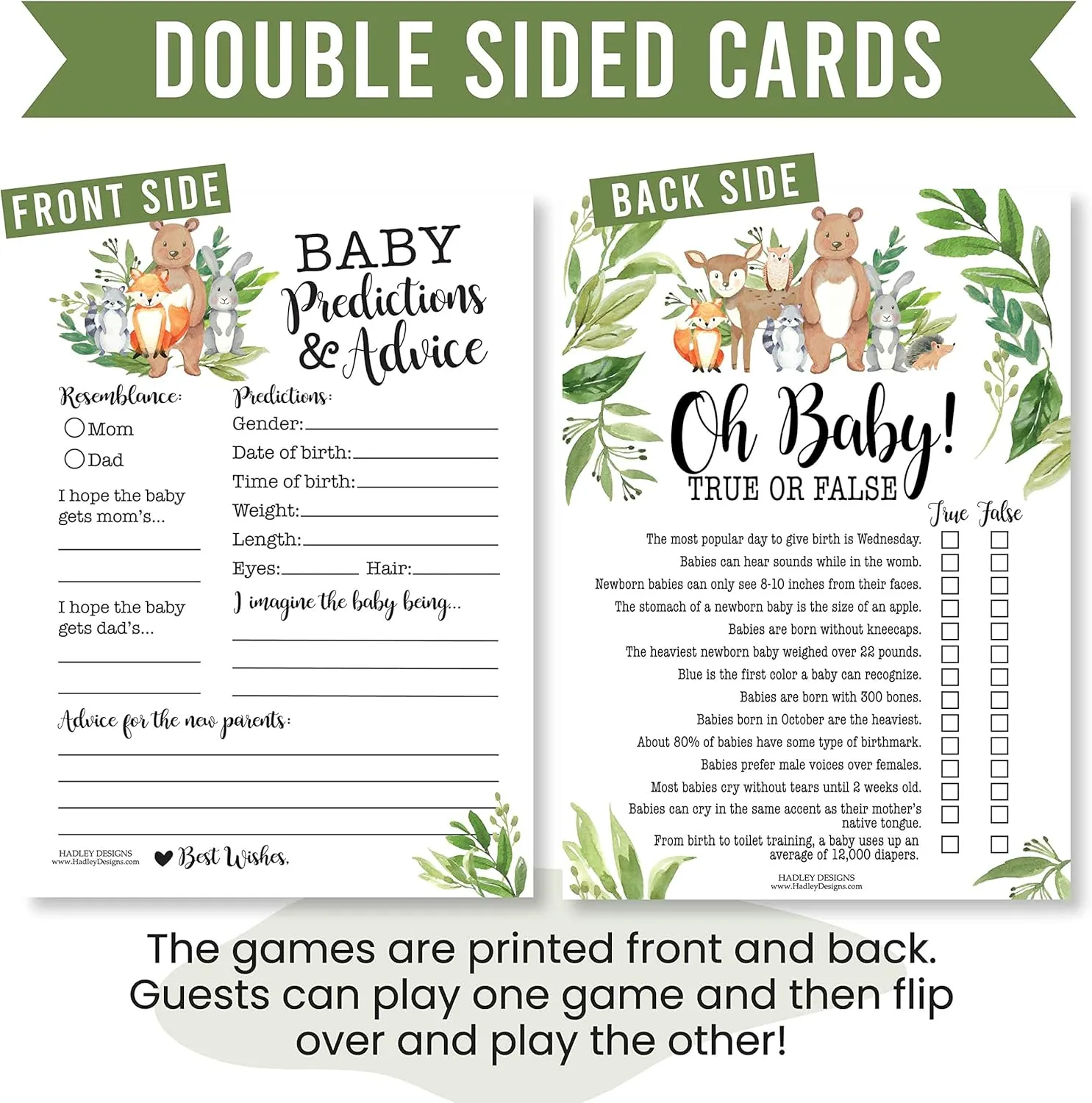 Hadley Designs Hilarious Baby Shower Games Set – 50 Double-Sided Cards for 25 Guests, 4 Games, Predictions, Trivia, True or False, Word Scramble, Gender Neutral and Fun for Boys & Girls (Woodland)