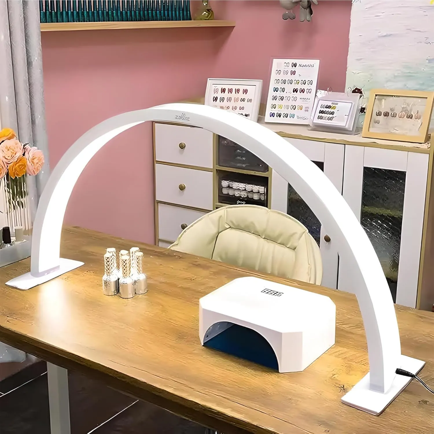 Half-Moon Nail Tech Desk Lamp, 3360 Lumen LED Light With Button Control for Manicure, Tattoo & Nail Table (White)