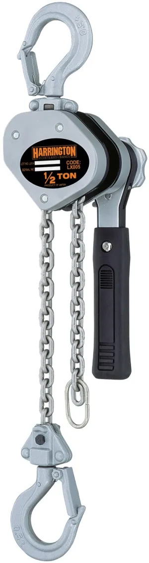 Harrington LX Lever Hoist, Hook Mount, 1/2 Ton Capacity, 10' Lift, 9.7" Headroom, 7.1" Lever Length, 0.9" Hook Opening