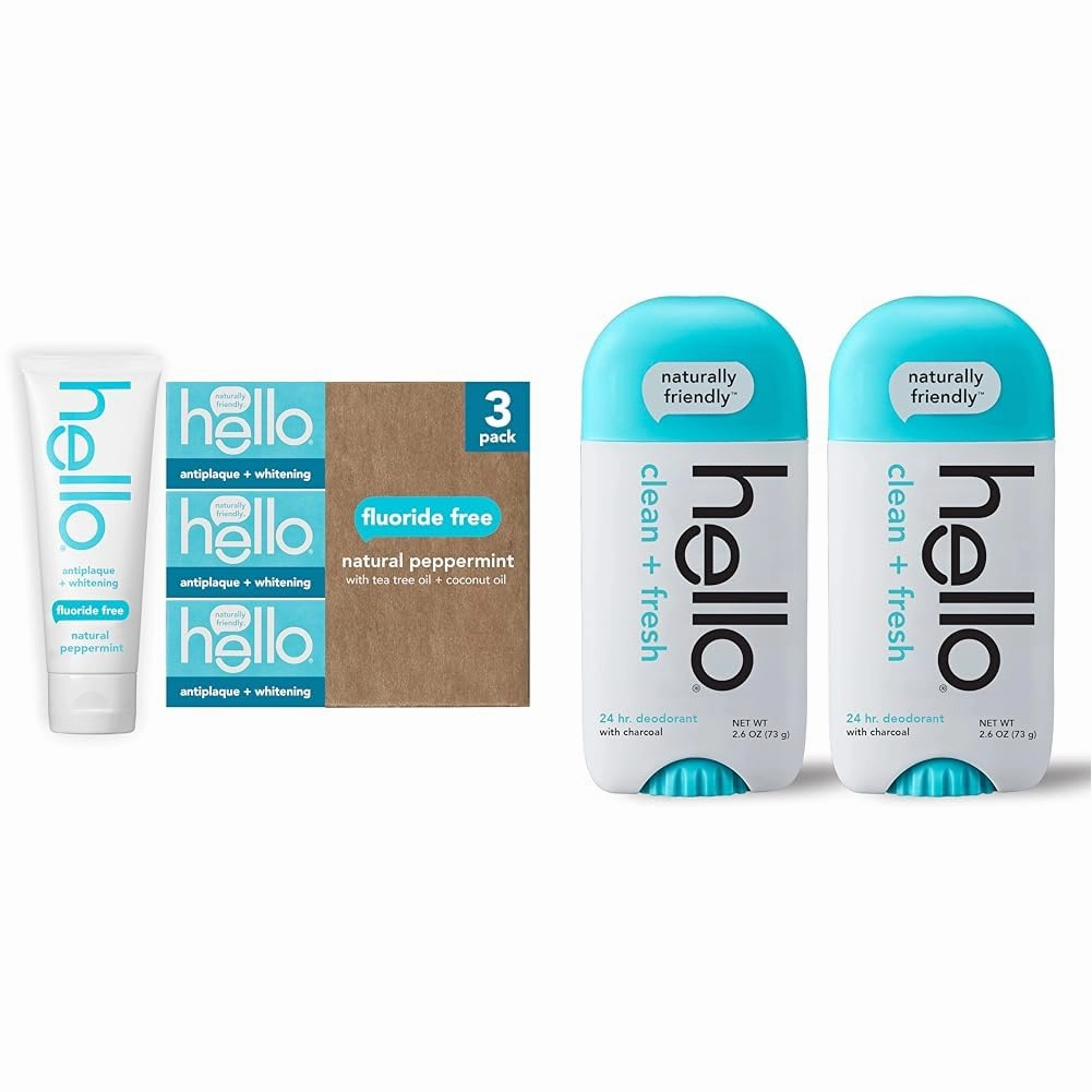 Hello Antiplaque Toothpaste, Fluoride Free for Teeth Whitening with Natural Peppermint Flavor & Activated Charcoal Fresh and Clean Deodorant for Women   Men, Aluminum Free, Baking Soda Free