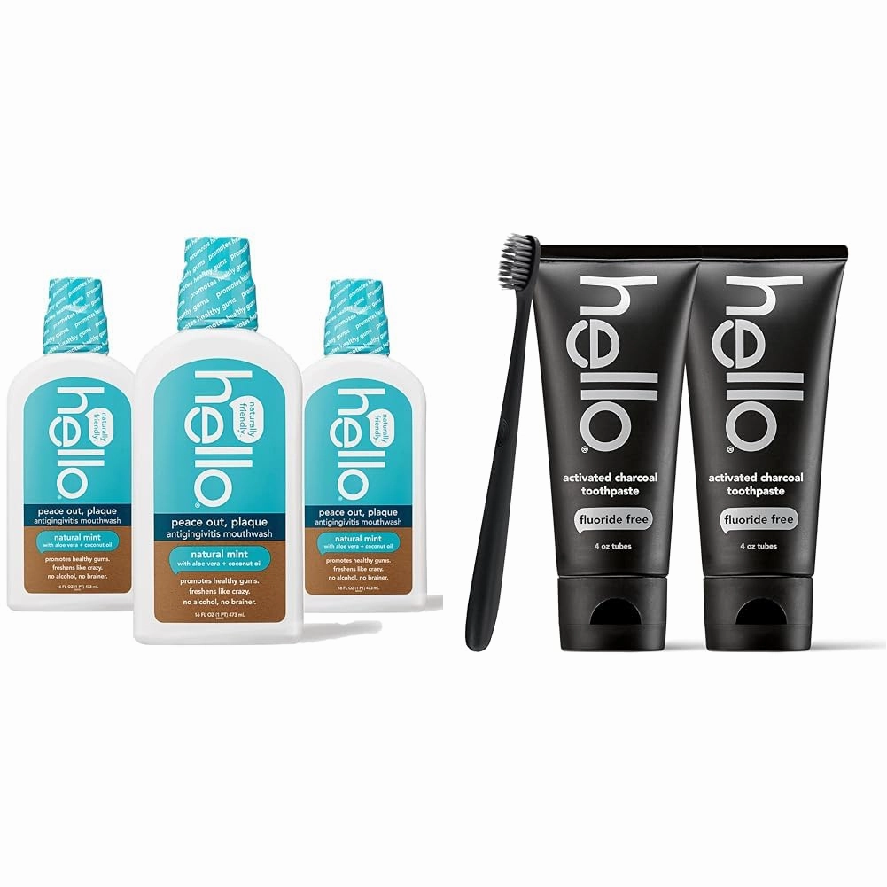 Hello Peace Out Plaque, Antigingivitis Alcohol Free Mouthwash, Natural Mint with Aloe Vera & Activated Charcoal Epic Teeth Whitening Fluoride Free Toothpaste and Toothbrush