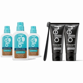 Hello Peace Out Plaque, Antigingivitis Alcohol Free Mouthwash, Natural Mint with Aloe Vera & Activated Charcoal Epic Teeth Whitening Fluoride Free Toothpaste and Toothbrush