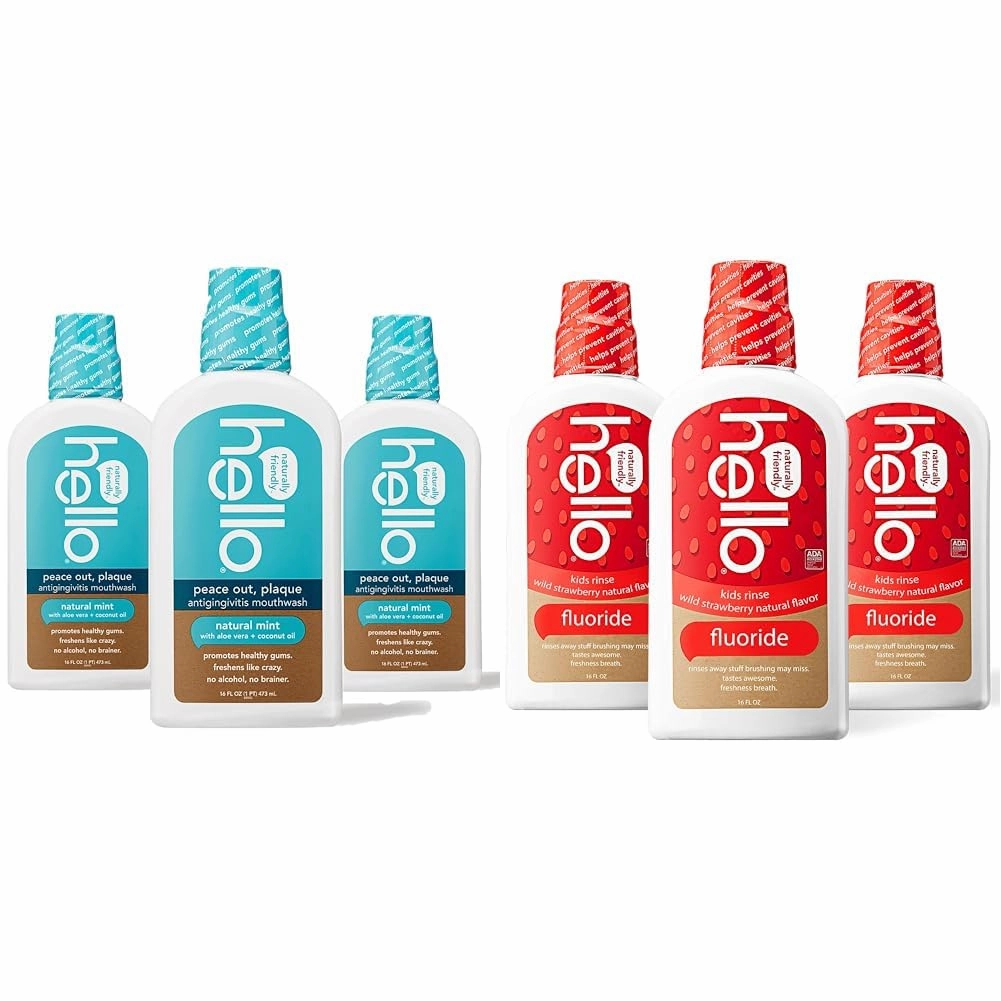 Hello Peace Out Plaque Antigingivitis Alcohol Free Mouthwash Pack of 3, Hello Kids Wild Strawberry Natural Flavor Anticavity Fluoride Rinse Pack of 3