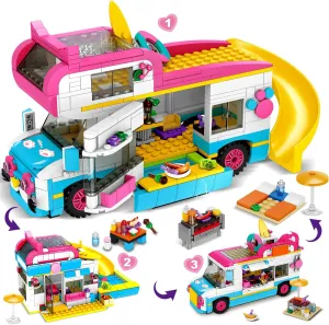 HOGOKIDS 3-in-1 Girls Camper Van Building Set - 494PCS Summer Beach Camping Building Blocks Sets | Food Truck Toys with Slide and Stickers | Easter Gifts for Girls Boys Age 6 7 8 9 10 11 12 