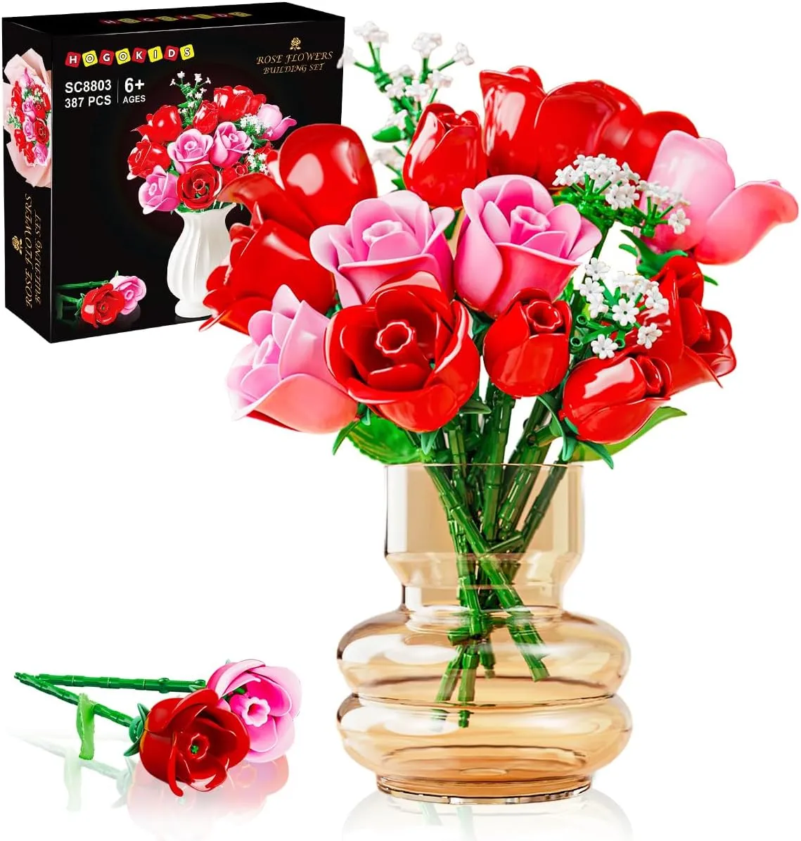 HOGOKIDS Flowers Bouquet Building Set with Lights - 16 Roses Bouquet Botanical Building Blocks Artificial Pink Roses Flower for Home Decor Christmas Birthday Gifts for Girls Adults - 387PCS (Pink)