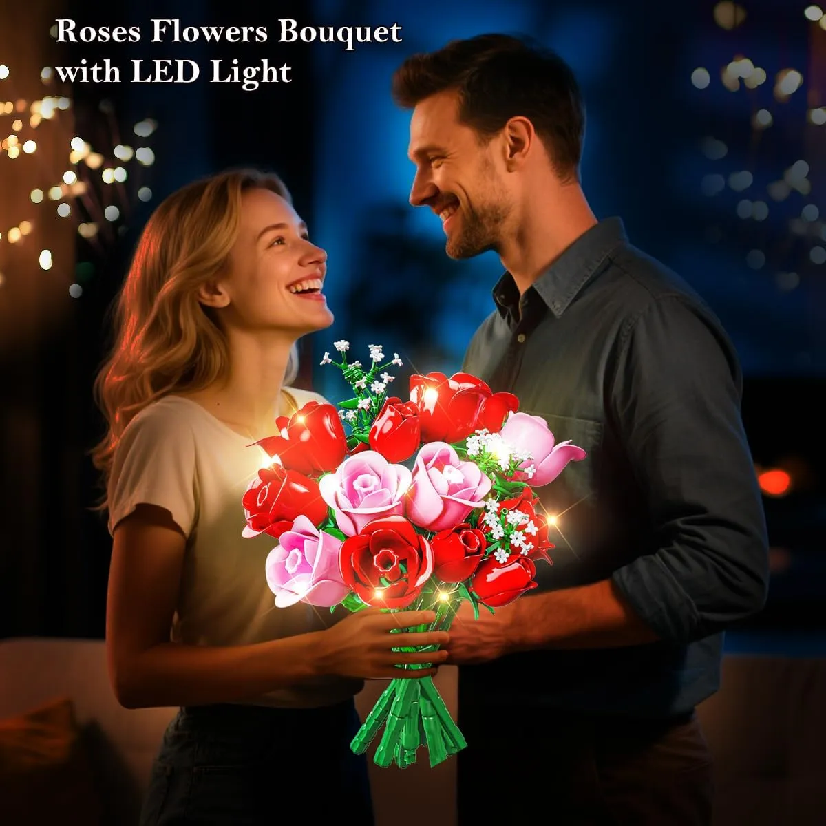 HOGOKIDS Flowers Bouquet Building Set with Lights - 16 Roses Bouquet Botanical Building Blocks Artificial Pink Roses Flower for Home Decor Christmas Birthday Gifts for Girls Adults - 387PCS (Pink)