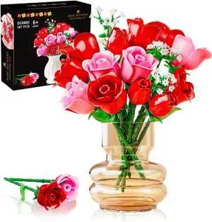 HOGOKIDS Flowers Bouquet Building Set with Lights - 16 Roses Bouquet Botanical Building Blocks Artificial Pink Roses Flower for Home Decor Christmas Birthday Gifts for Girls Adults - 387PCS (Pink)