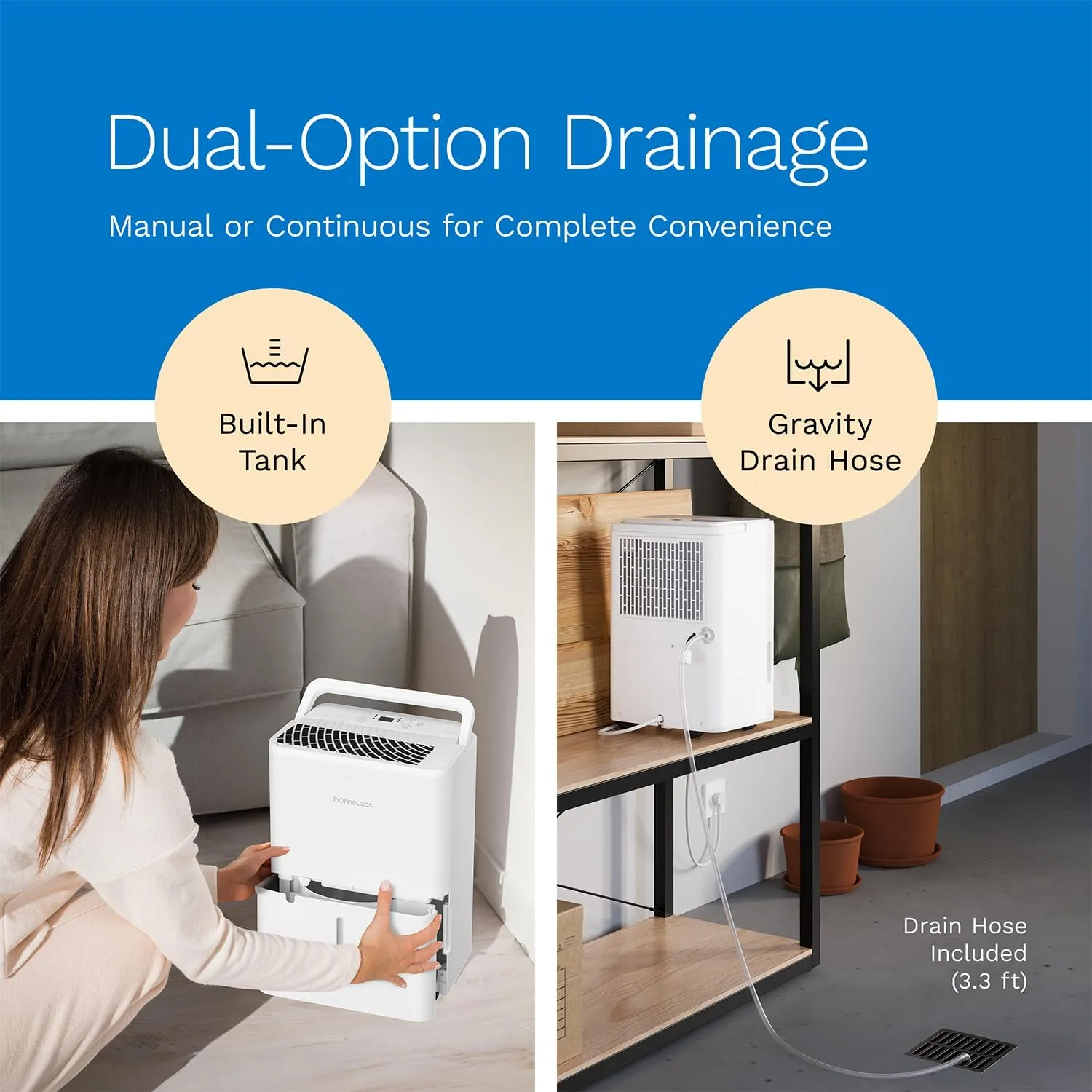 hOmeLabs 1,000 Sq. Ft Portable Wi-Fi Dehumidifier – 8 Pint, Ultra Quiet & Compact for Home, Bedroom, Bathroom & Office – Smart Humidity Control with Drain Hose Included