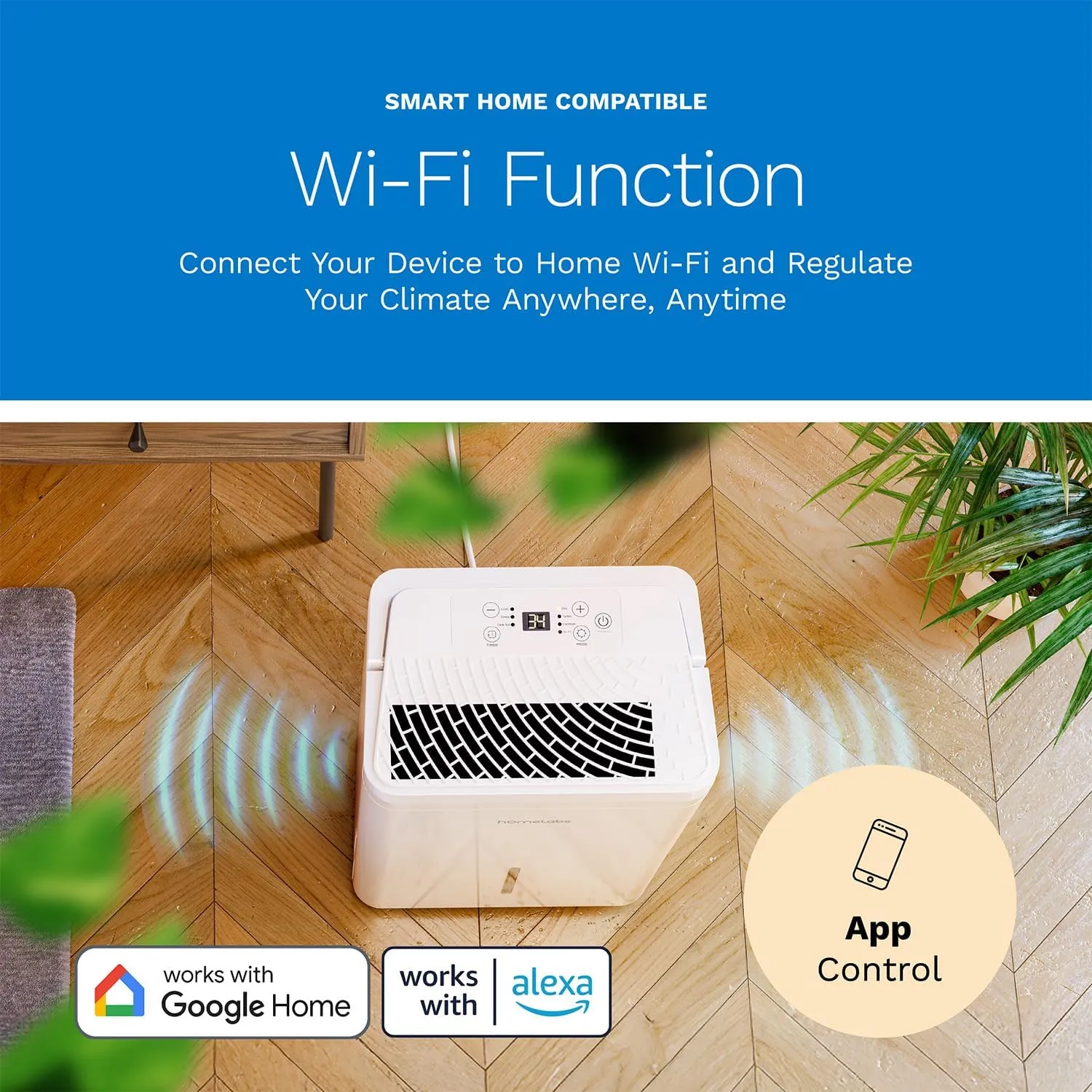 hOmeLabs 1,000 Sq. Ft Portable Wi-Fi Dehumidifier – 8 Pint, Ultra Quiet & Compact for Home, Bedroom, Bathroom & Office – Smart Humidity Control with Drain Hose Included