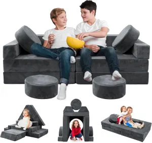 HOMFINE 16pcs Modular Kids Play Couch, Kids Toddler Couch, Child Sectional Sofa, Versatile Kid Sofa for Playroom Bedroom, Convertible Foam and Floor Cushion for Boys and Girls, Dark Grey