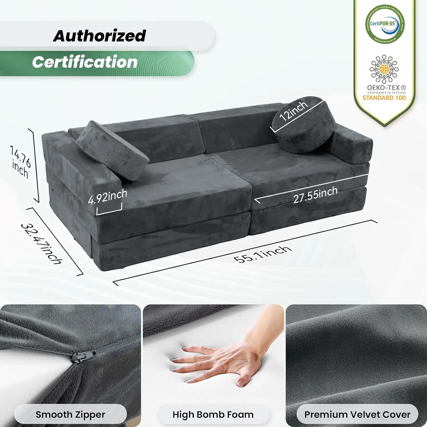 HOMFINE 16pcs Modular Kids Play Couch, Kids Toddler Couch, Child Sectional Sofa, Versatile Kid Sofa for Playroom Bedroom, Convertible Foam and Floor Cushion for Boys and Girls, Dark Grey