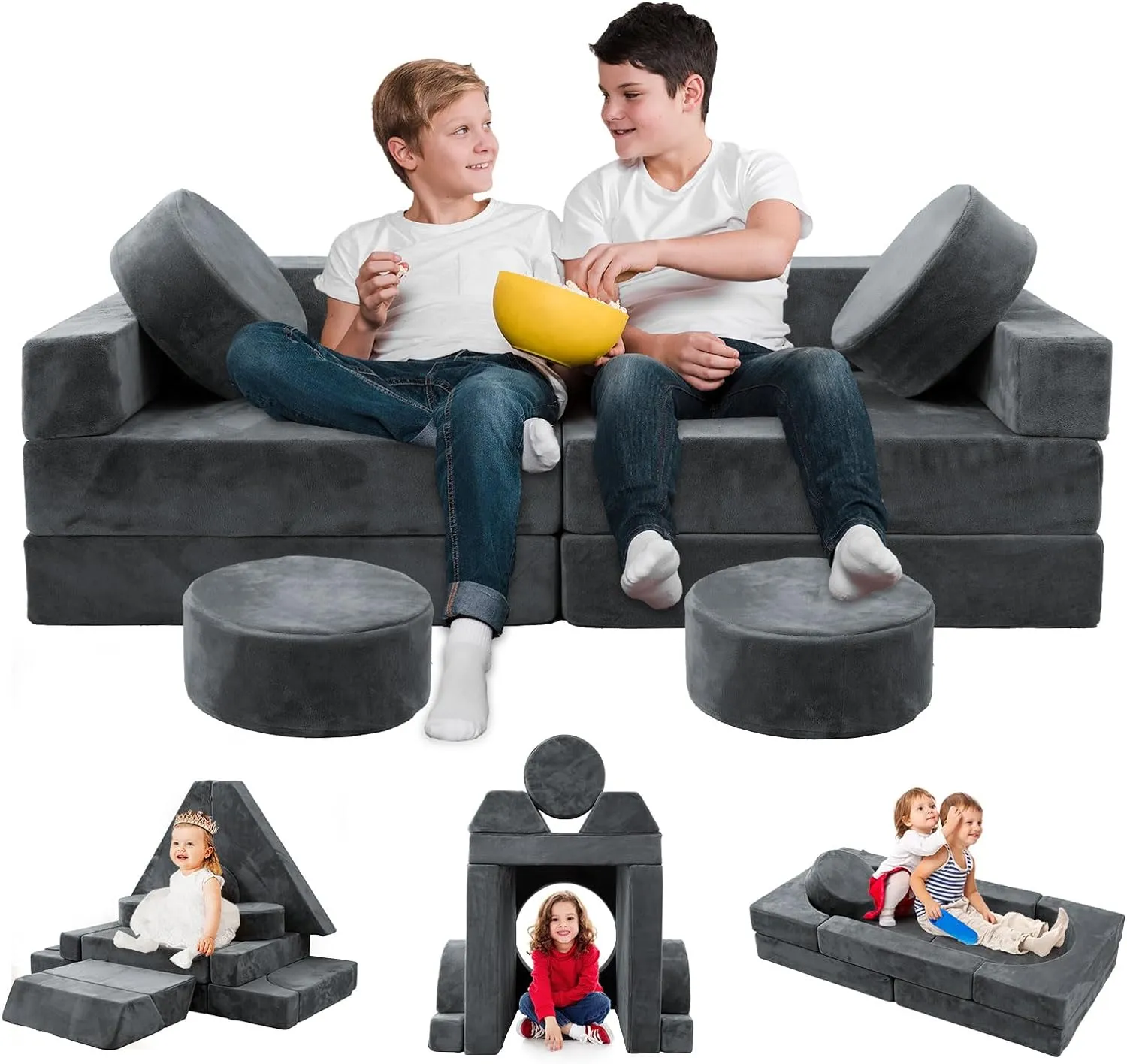 HOMFINE 16pcs Modular Kids Play Couch, Kids Toddler Couch, Child Sectional Sofa, Versatile Kid Sofa for Playroom Bedroom, Convertible Foam and Floor Cushion for Boys and Girls, Dark Grey