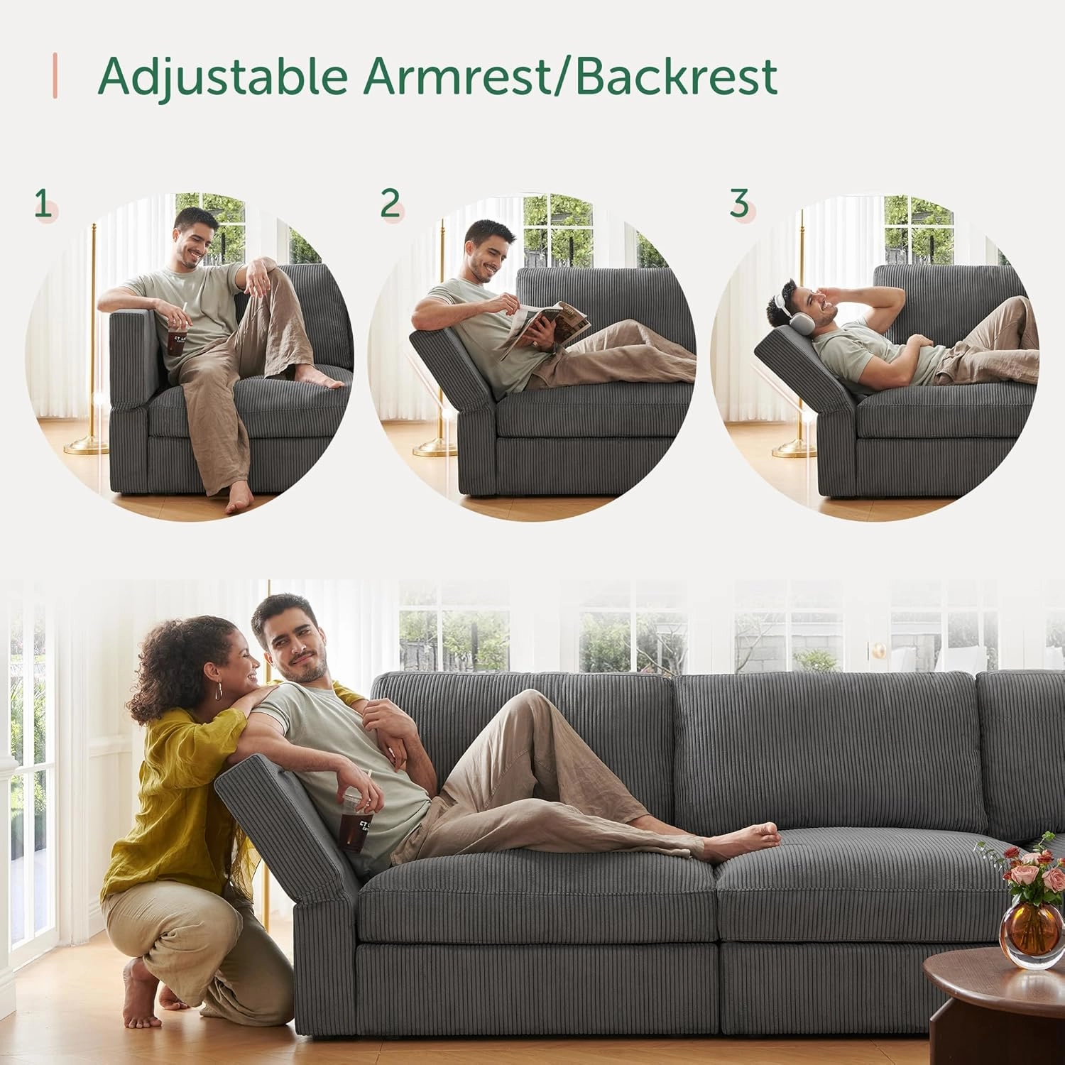 HONBAY Modular Sectional Couch with Storage Corduroy Sofa with Chaise U Shaped Sectional Couches for Living Room,Dark Grey