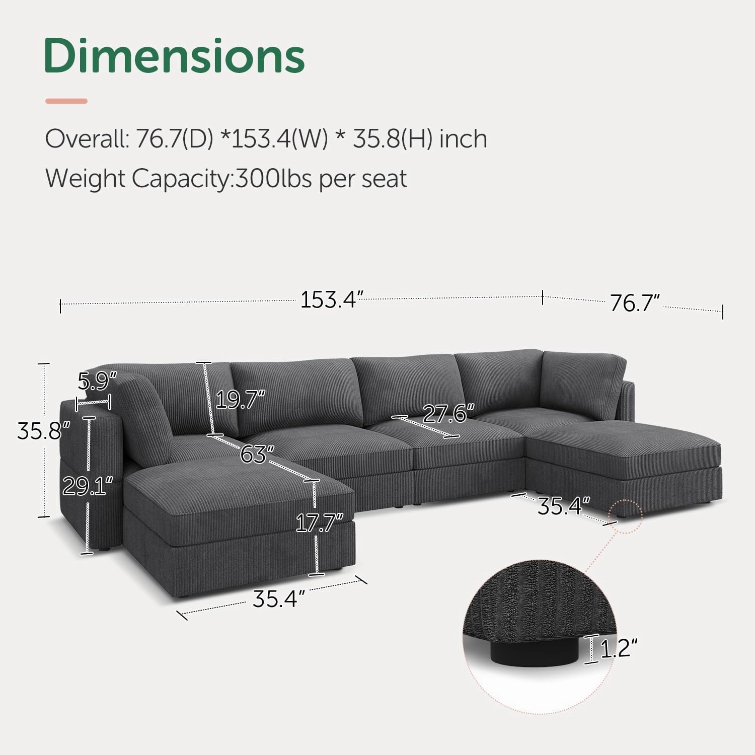 HONBAY Modular Sectional Couch with Storage Corduroy Sofa with Chaise U Shaped Sectional Couches for Living Room,Dark Grey