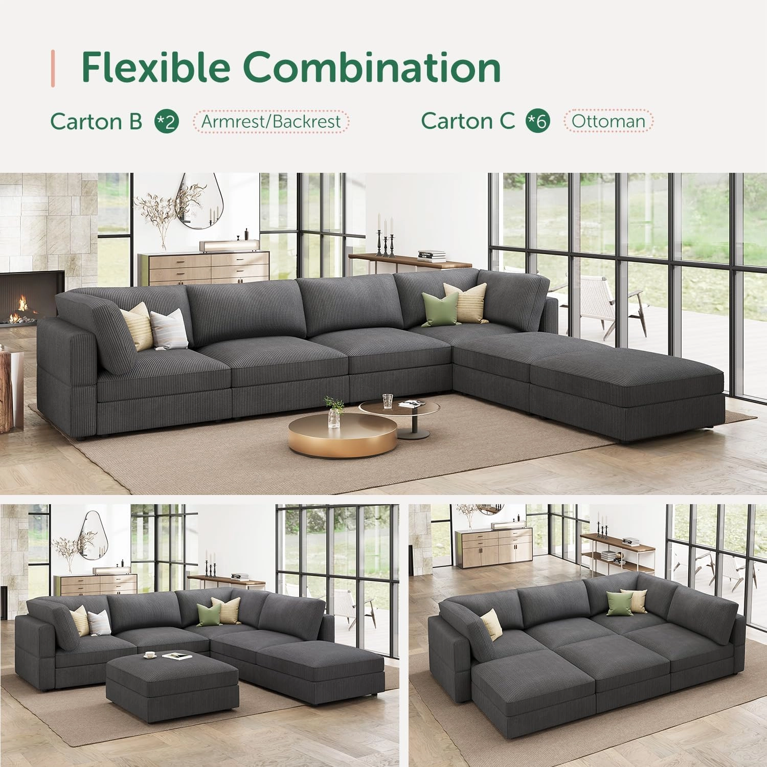 HONBAY Modular Sectional Couch with Storage Corduroy Sofa with Chaise U Shaped Sectional Couches for Living Room,Dark Grey
