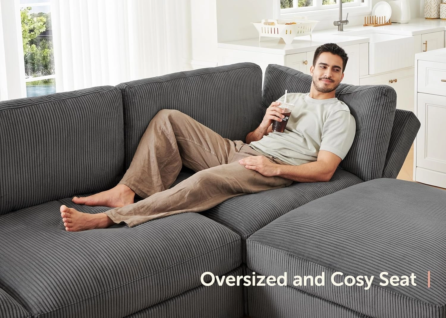 HONBAY Modular Sectional Couch with Storage Corduroy Sofa with Chaise U Shaped Sectional Couches for Living Room,Dark Grey