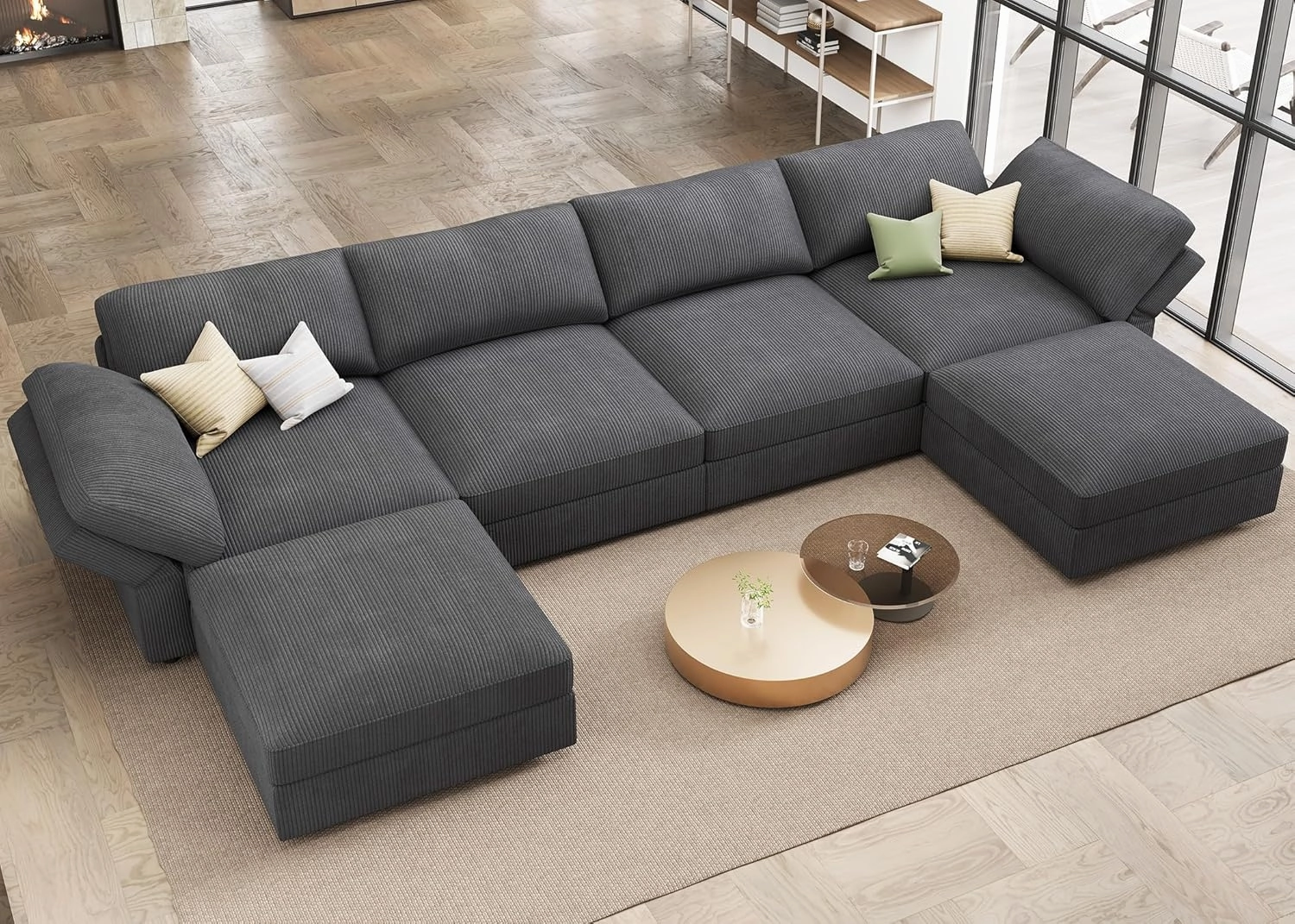 HONBAY Modular Sectional Couch with Storage Corduroy Sofa with Chaise U Shaped Sectional Couches for Living Room,Dark Grey