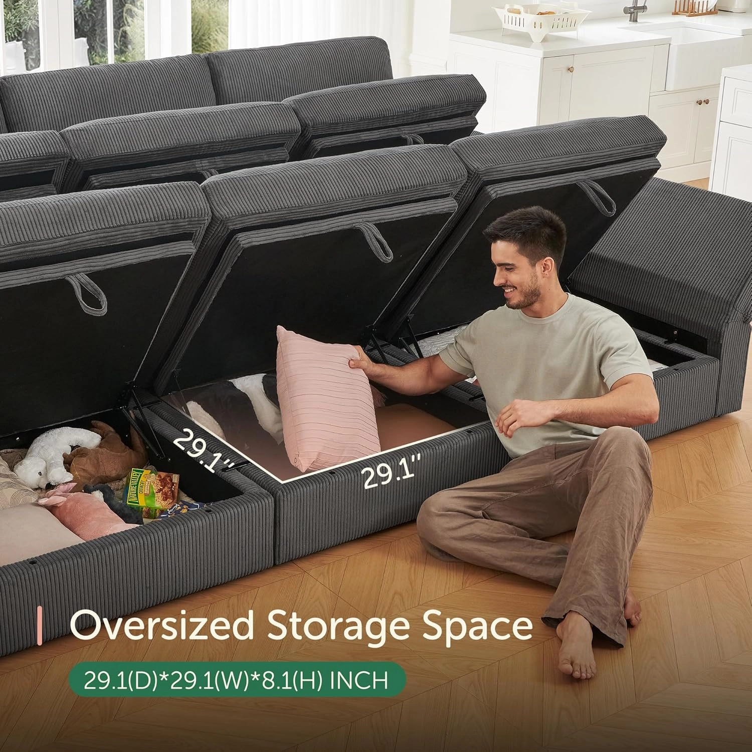 HONBAY Modular Sectional Couch with Storage Corduroy Sofa with Chaise U Shaped Sectional Couches for Living Room,Dark Grey