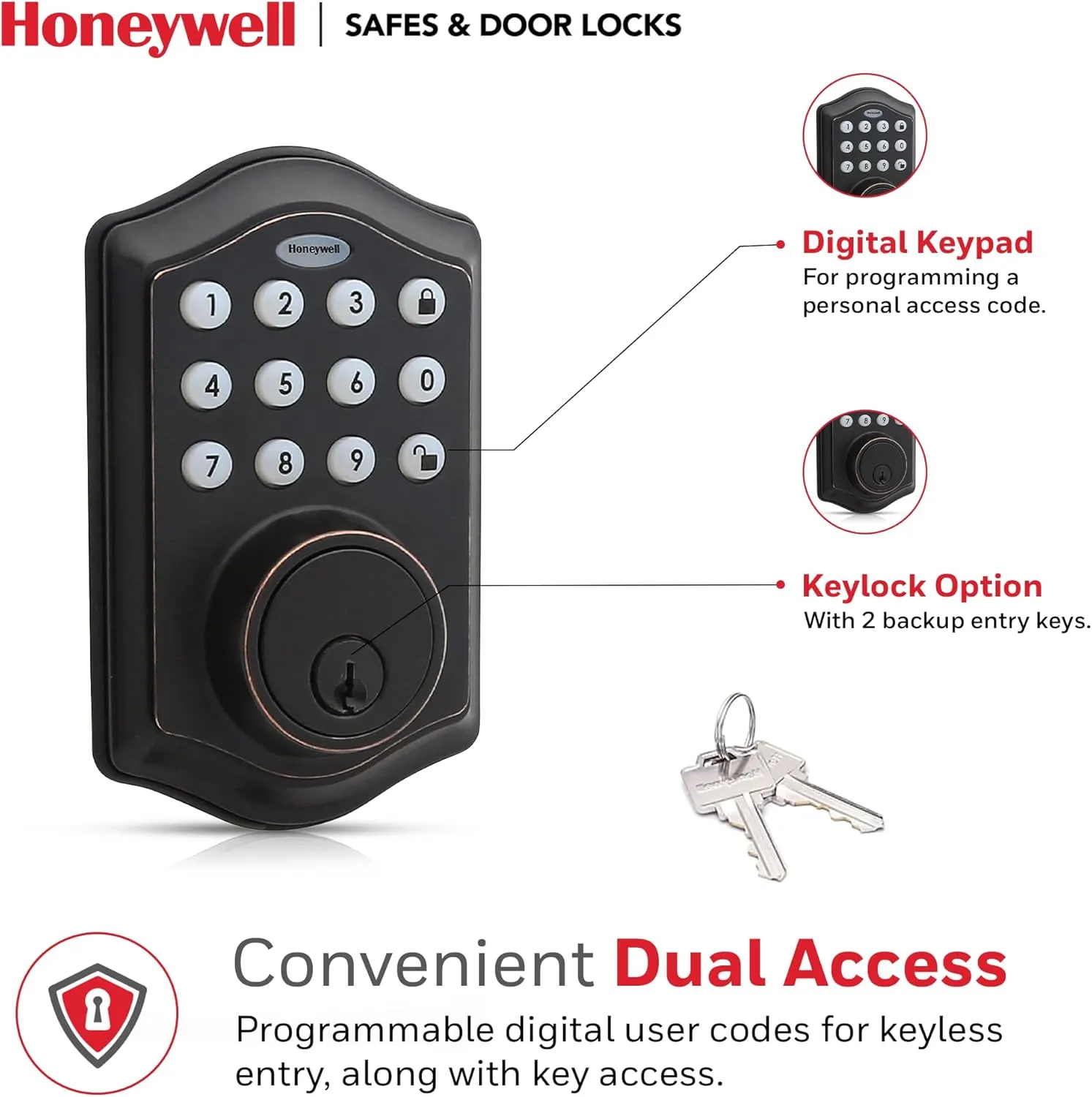 Honeywell Safes & Door Locks - Keyless Entry Door Lock with Smart Electronic Keypad Deadbolt - Easy Installation & 50 Different Pin Codes - Auto Lock - Oil Rubbed Bronze - 2.9 x 2 x 6.2 in - 8712409