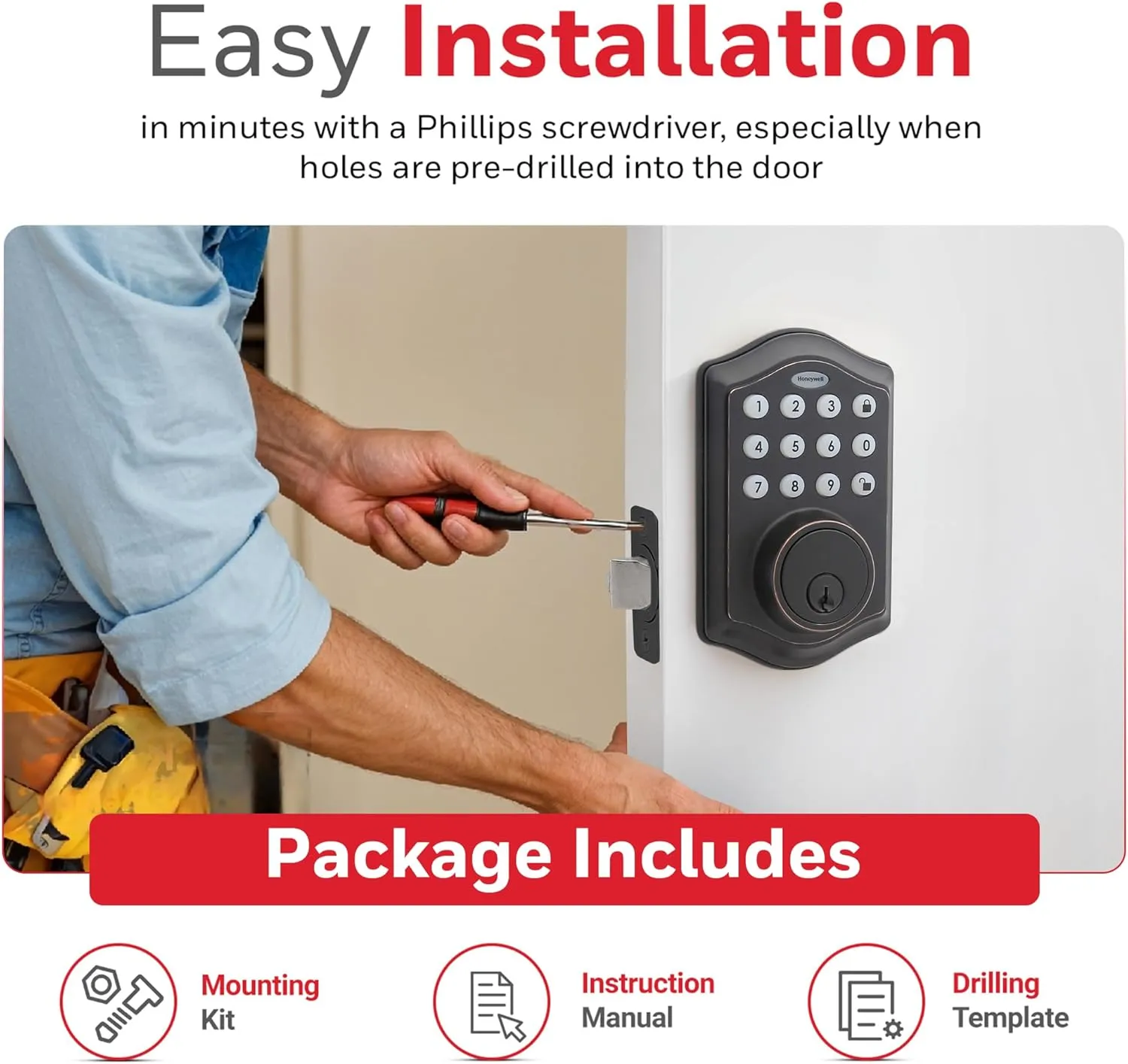 Honeywell Safes & Door Locks - Keyless Entry Door Lock with Smart Electronic Keypad Deadbolt - Easy Installation & 50 Different Pin Codes - Auto Lock - Oil Rubbed Bronze - 2.9 x 2 x 6.2 in - 8712409
