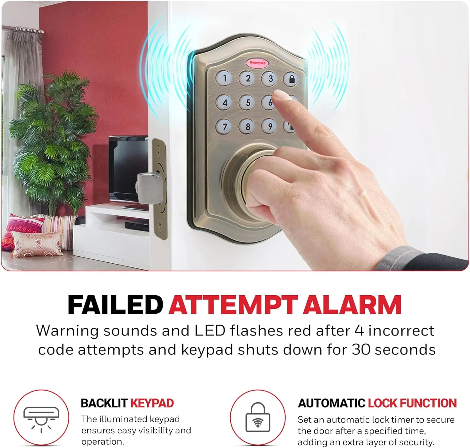 Honeywell Safes & Door Locks - Keyless Entry Door Lock with Smart Electronic Keypad Deadbolt - Easy Installation & 50 Different User Pin Codes - Auto Lock - Antique Brass - 2.9 x 2 x 6.2 in - 8712109